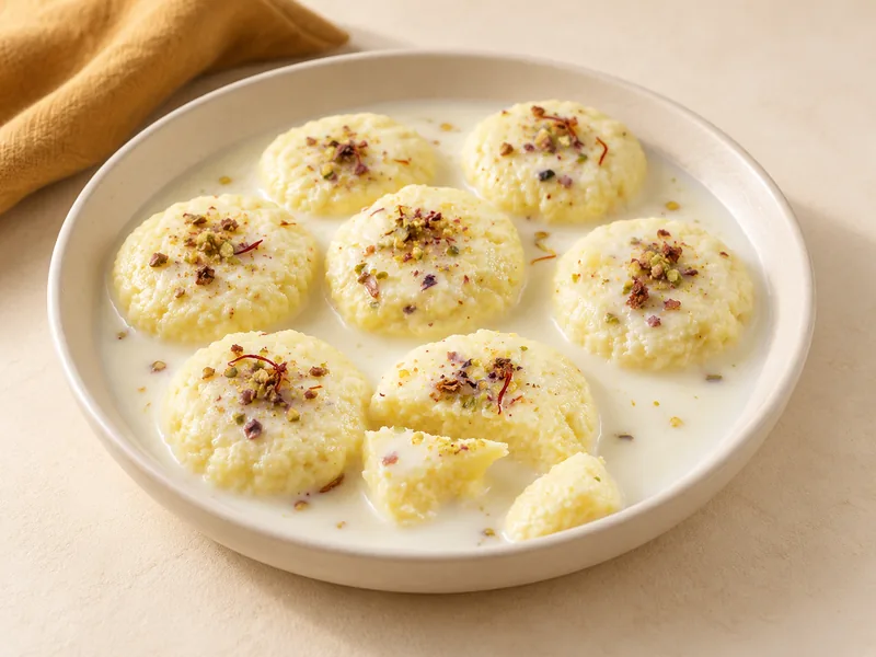 Rasmalai fondant dans son lait parfumé, éclats de pistache